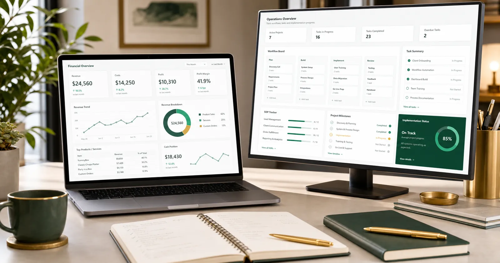 Modern workspace showing financial and operations dashboards
