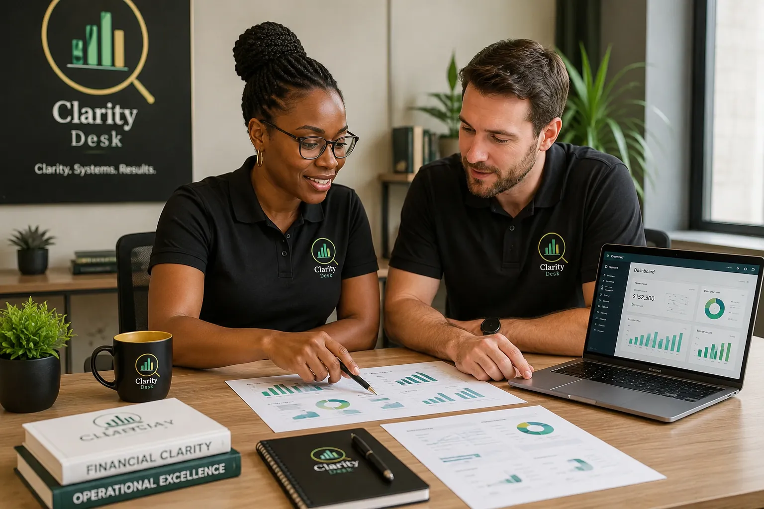 Clarity Desk consultants reviewing financial reports and dashboards